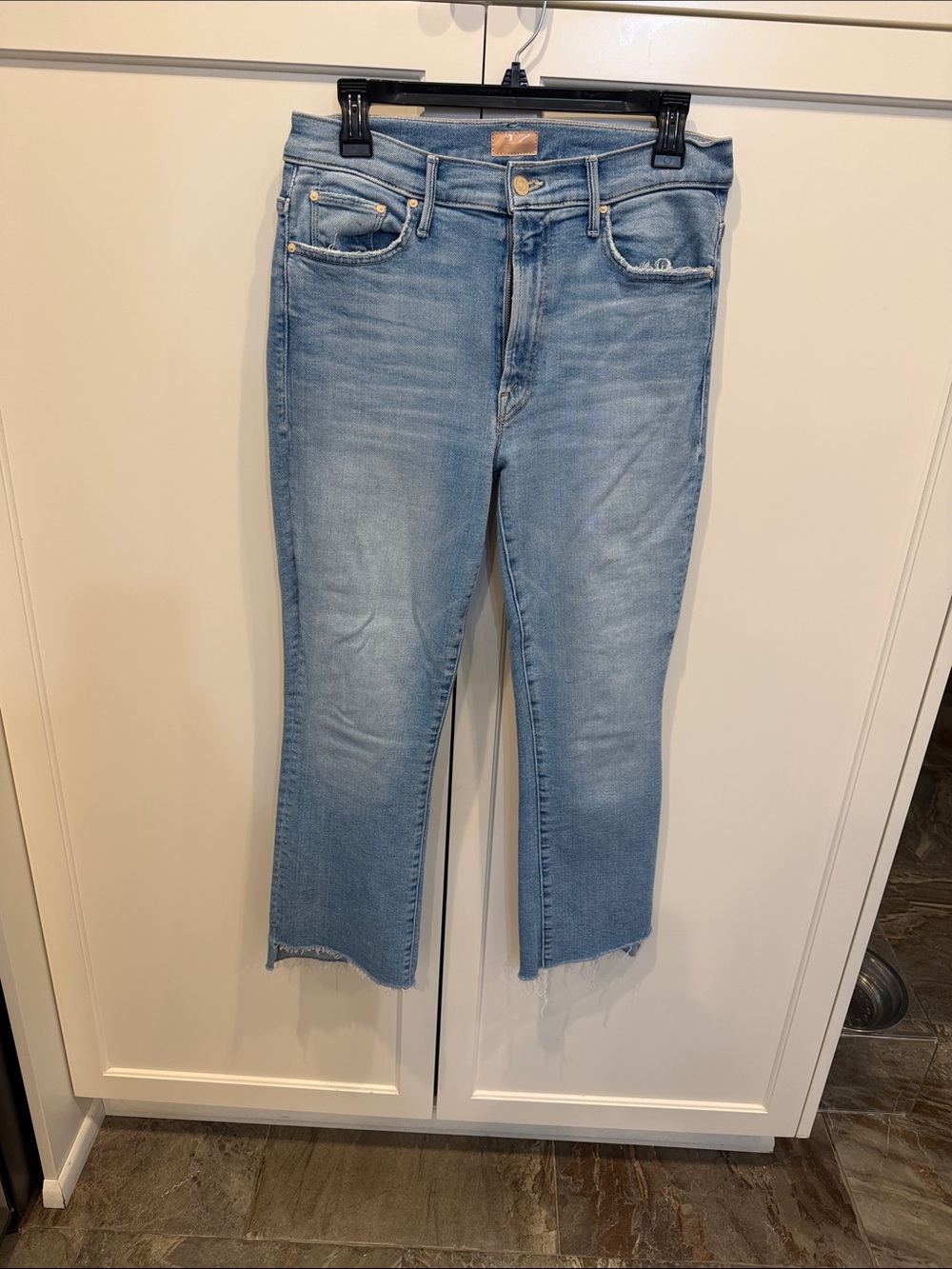 MOTHER Light Blue Cropped Straight Jeans with Frayed Hem